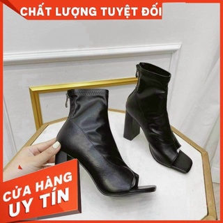 Siêu sale bốt da nữ hở ngón cao gót da mềm , giày boots nữ da sịn xỏ ngón xinh xinh siêu sale