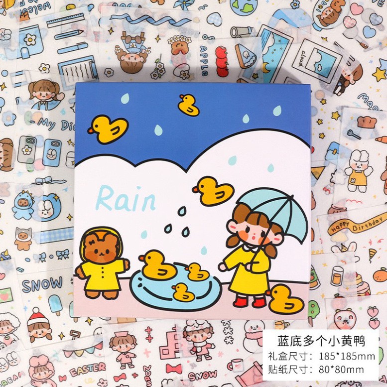 Sticker 100 tấm, Hộp quà tặng Sticker 100 tấm dán hoạt hình trang trí sổ lưu niệm dễ thương Hộp Xanh Rain . .