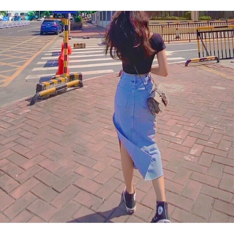 [form to] chân váy jean/ bò xẻ tà một bên SẴN