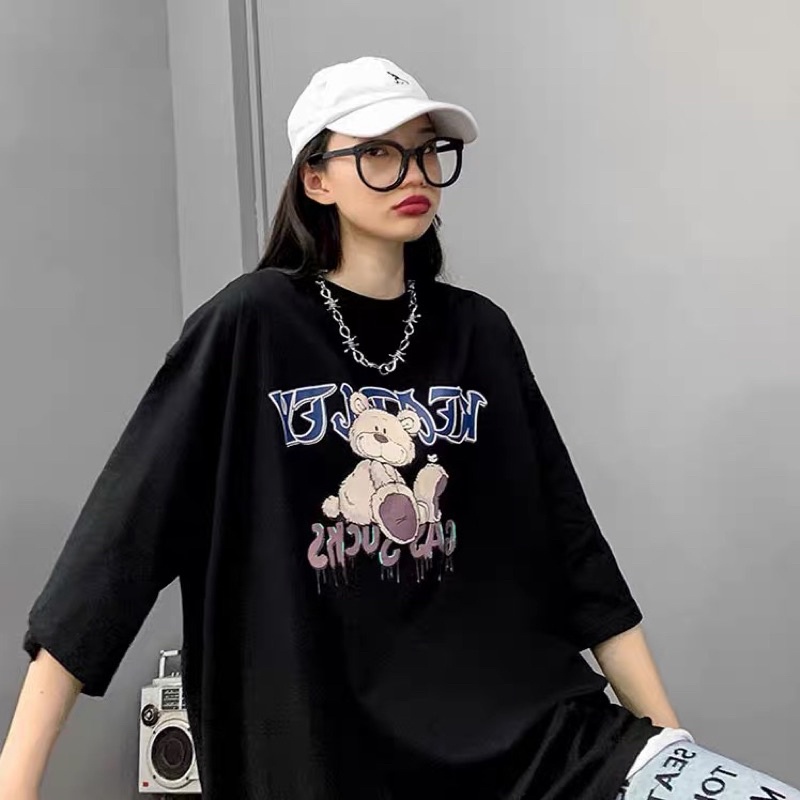 Áo thun tay lỡ nam nữ, áo phông unisex form rộng chất cotton in hình gấu be