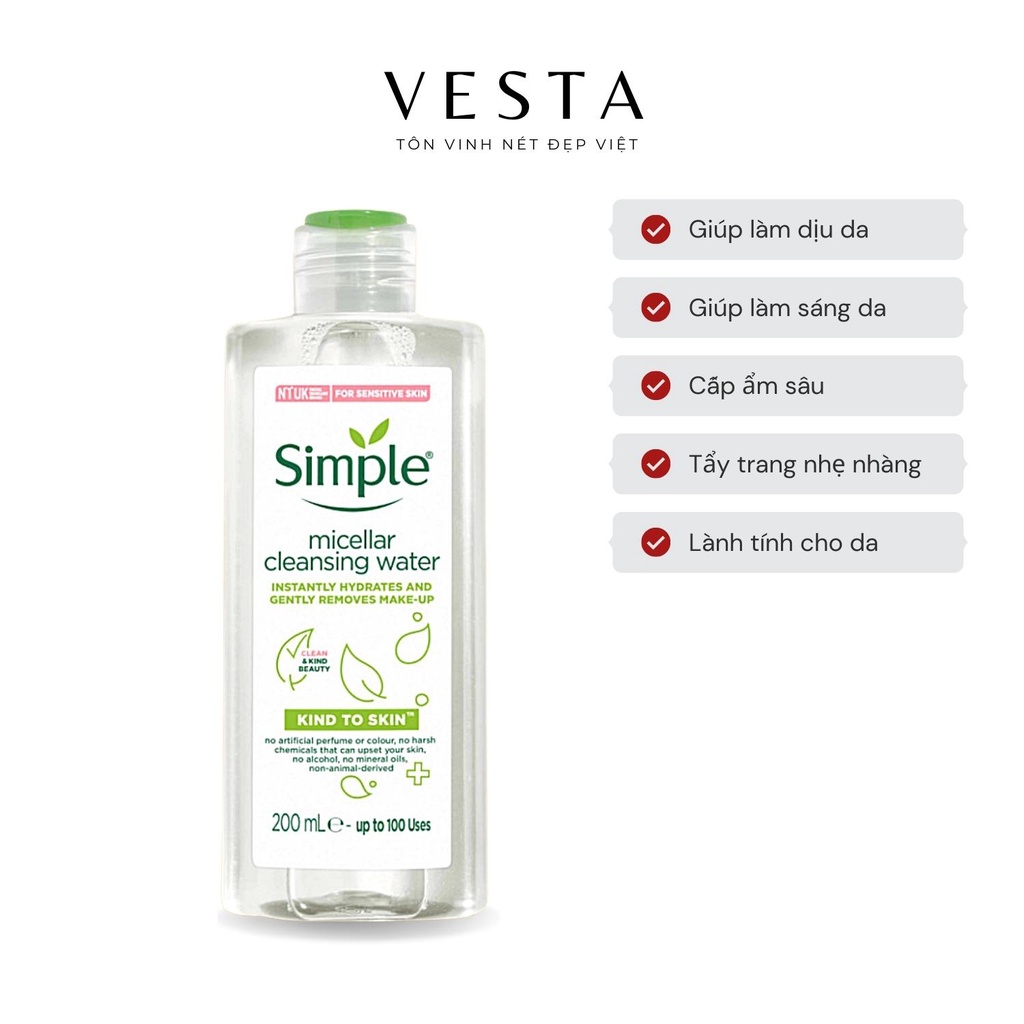 Bộ 3 Simple (Tẩy trang 200ml + Toner 200ml + Sữa Dưỡng 125ml) Giúp Da Sạch Sâu, Cấp Ẩm, Nuôi Dưỡng Da Sáng Khỏe