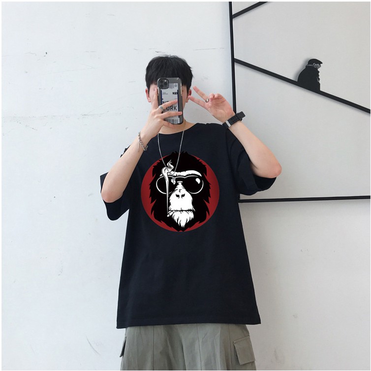 Áo thun unisex basic Monkey Smoker dáng rộng tay lỡ hai màu trắng đen, áo phông nam nữ oversize tay lỡ