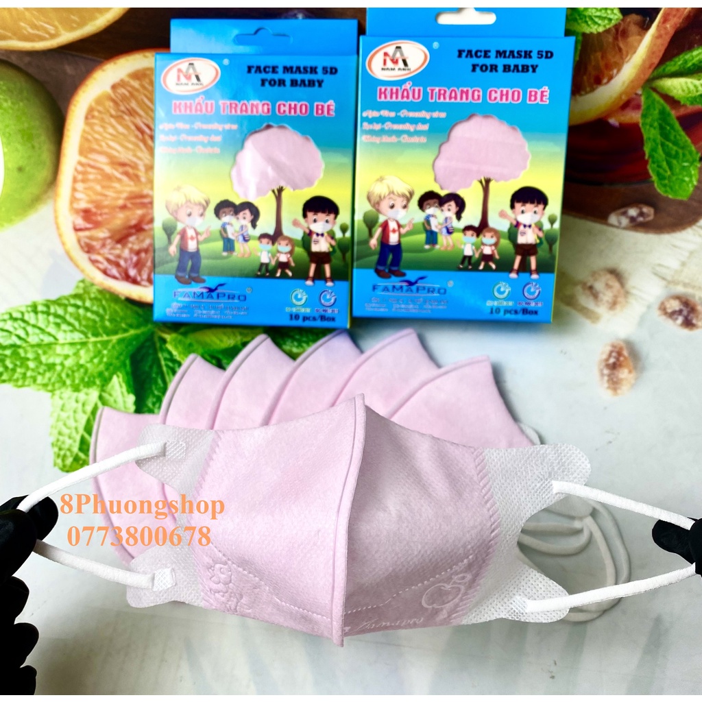 Khẩu trang FAMAPRO 5D BABY TRƠN cho bé 3 lớp kháng khuẩn 10 cái / Hộp Trắng / Xanh / Hồng
