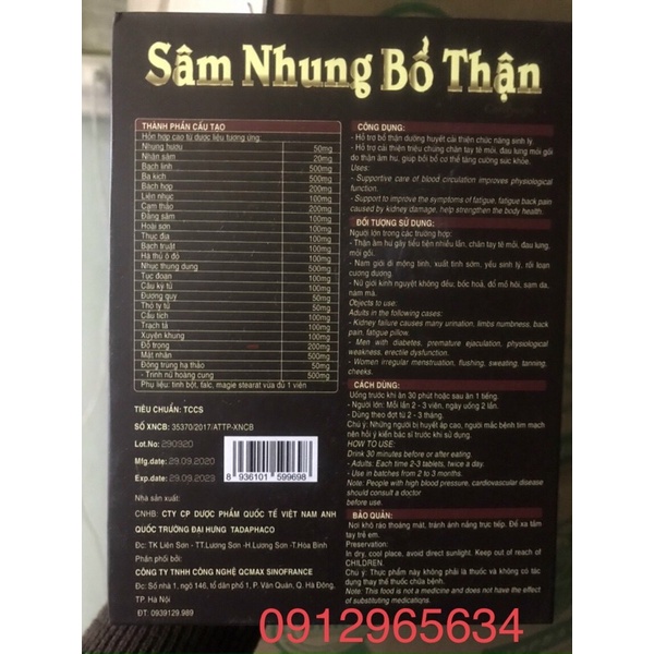 Sâm nhung bổ thận tăng cường sinh lực sức khoẻ cho nam và nữ hiệu quả an toàn chính hãng 30 viên