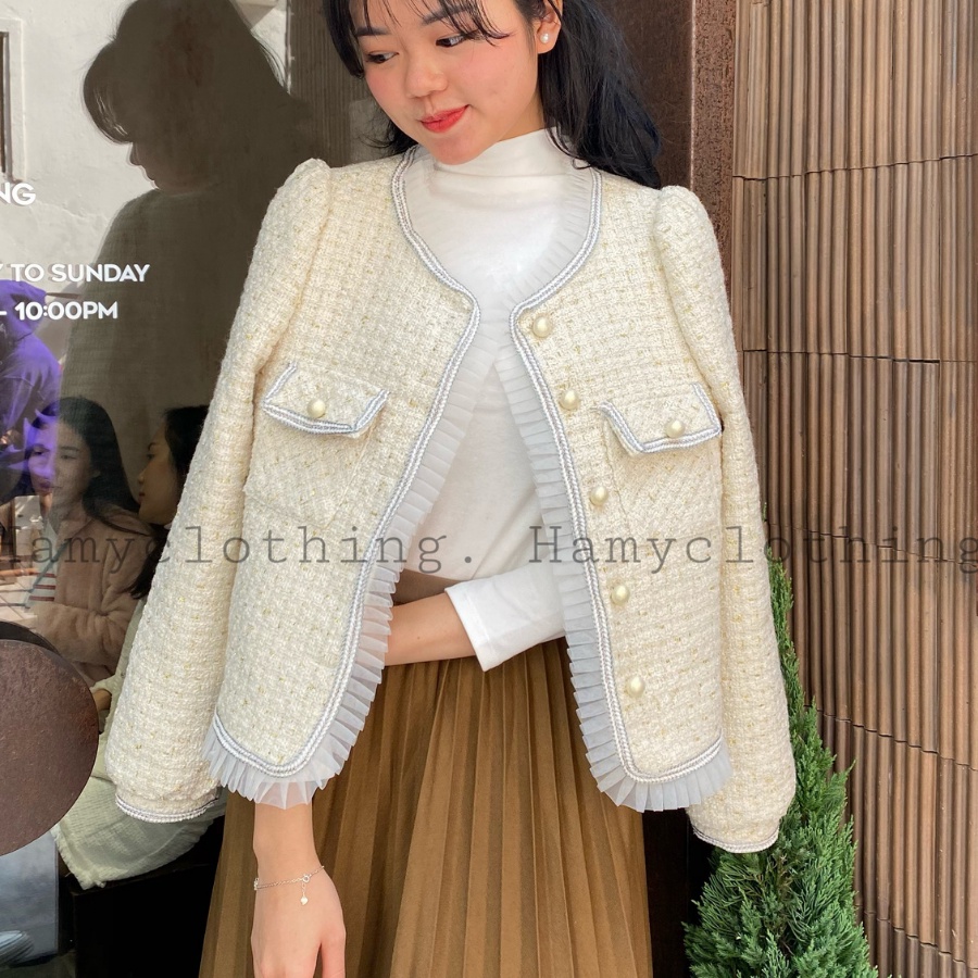 Áo khoác nữ Hamy A-30 dạ Tweed vải dệt dày tự nhiên màu kem viền ngọc đen | BigBuy360 - bigbuy360.vn