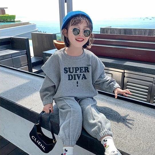 Bộ Quần Áo Cotton Dáng Rộng In Chữ Phong Cách Phương Tây Thời Trang Mùa Thu Cho Bé Gái