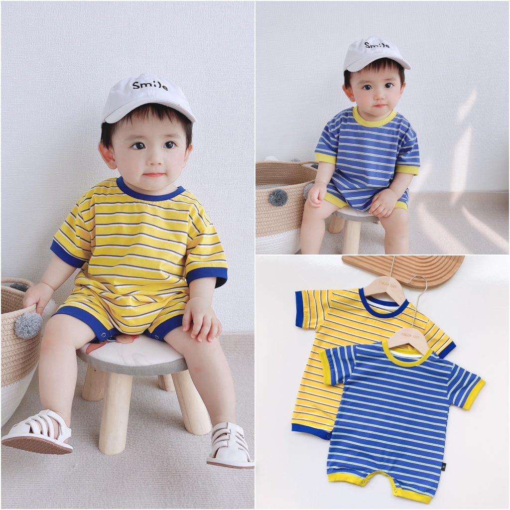 Áo Liền Quần Tay Ngắn Họa Tiết Sọc Chất Liệu Cotton Dành Cho Bé Trai 0-24 Tháng Tuổi