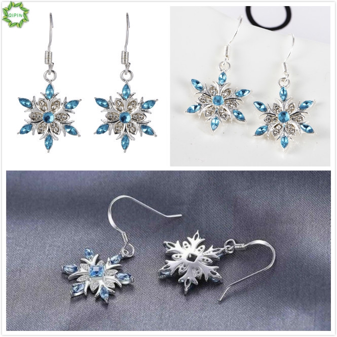 Đôi khuyên tai dài hình hoa tuyết đính đá Sapphire thời trang dành cho nữ