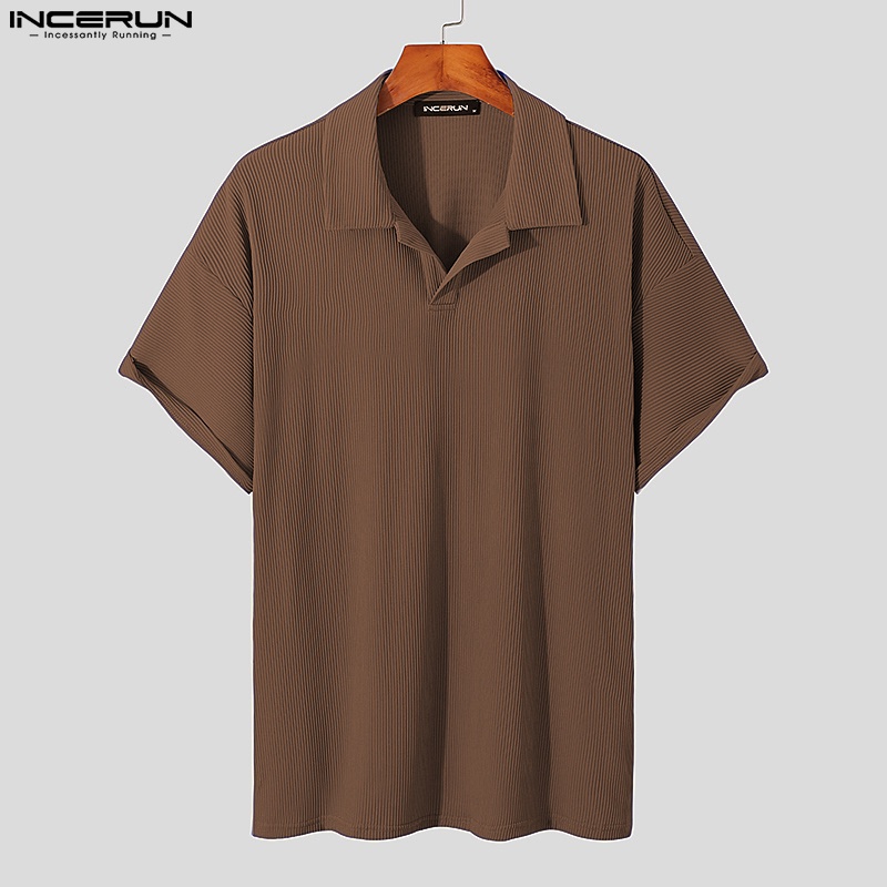 Áo thun polo INCERUN ngắn tay màu trơn họa tiết kẻ sọc thời trang mùa hè cho nam