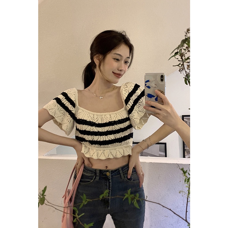 Áo dệt kim croptop  nữ Quảng châu cao cấp tay ngẵn cổ vuông phong cách Hàn Quốc quyến rũ hottrend tiktok kozoda AL14