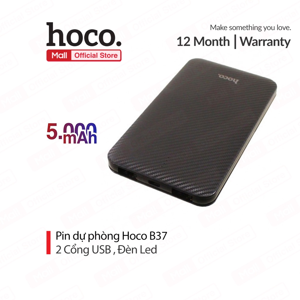 Pin dự phòng Hoco B37 dung lượng 5000mAh họa tiết carbon đèn Led thiết kế nhỏ gọn