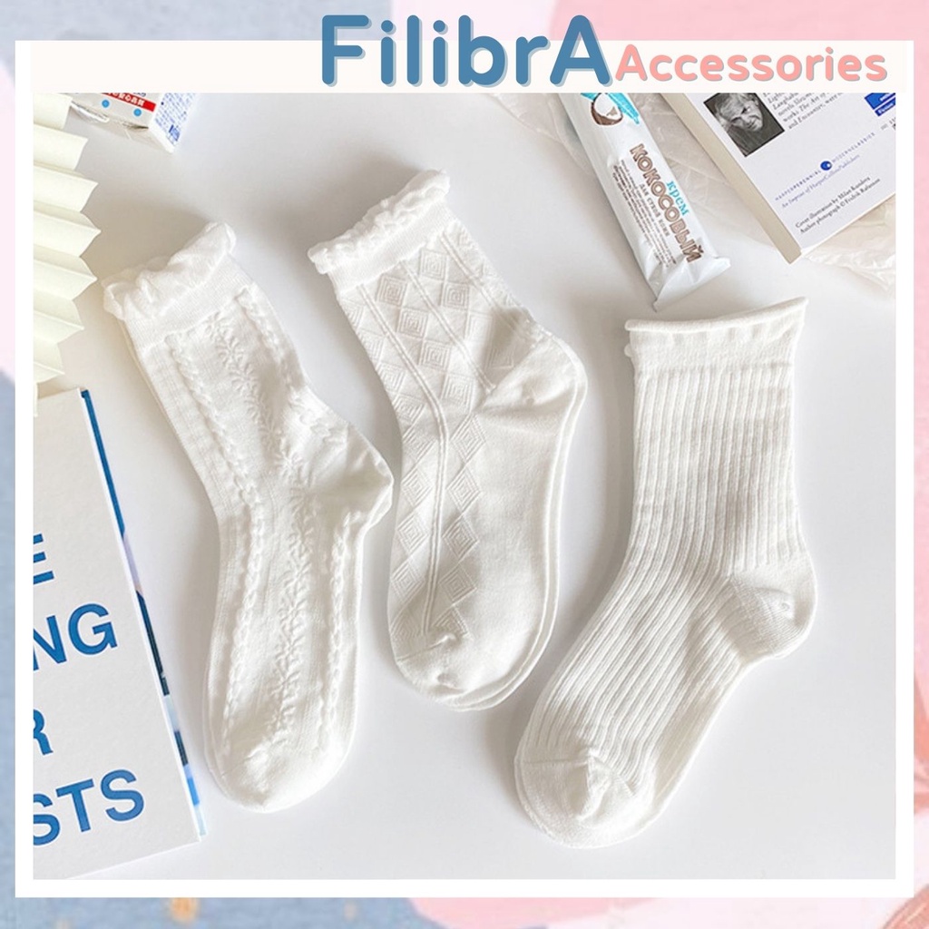 Tất nữ cổ cao bèo nhún phong cách dễ thương, tất cotton trắng nữ sinh Nhật Bản TL005 - Filibra
