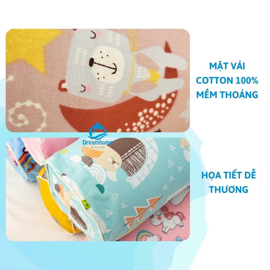 Gối ôm cho bé cotton 100% Dream bedding, vỏ gối ôm cho bé size 20x60 cm ruột gối bông gòn trắng