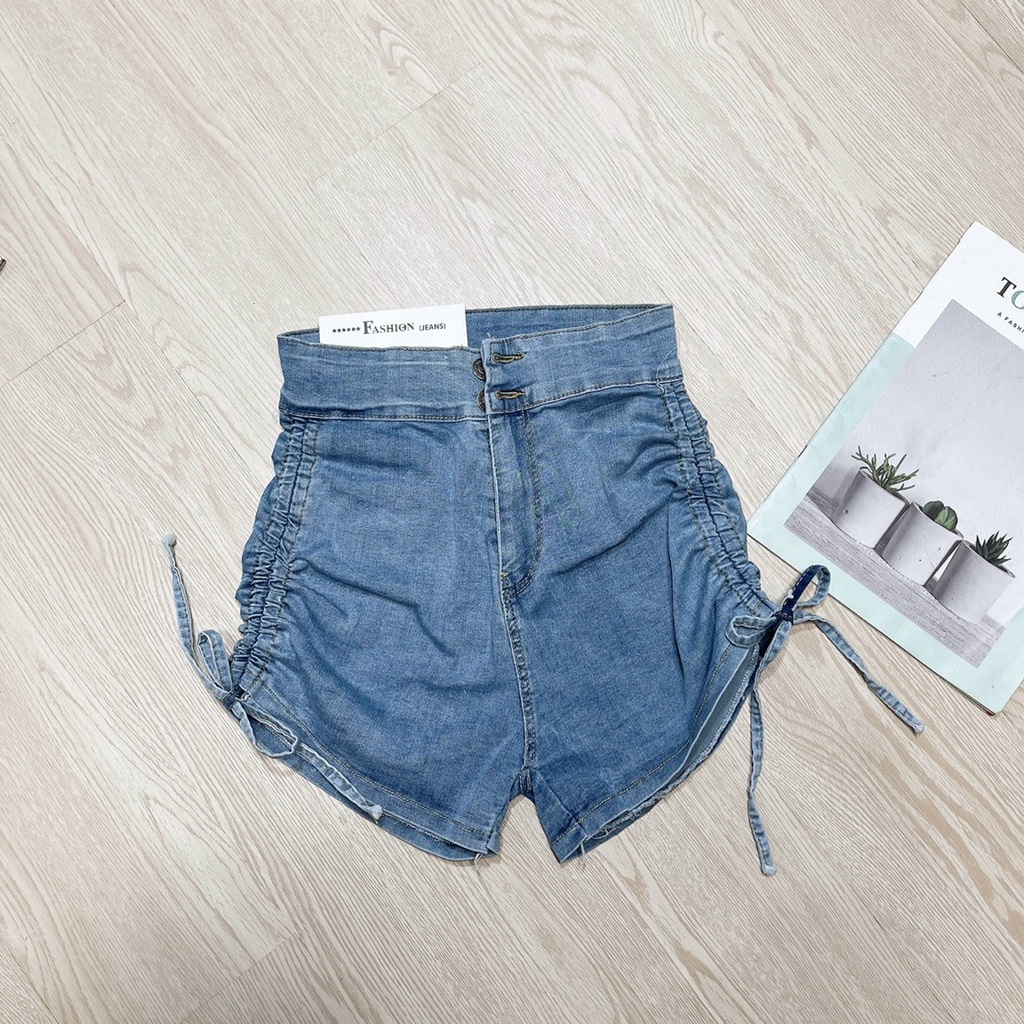 Quần short jean nữ chất denim lưng cao dây rút bên hông co giãn thời trang hè