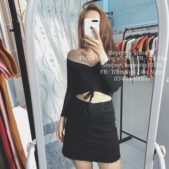 Áo croptop dây rút tay dài bẹt vai