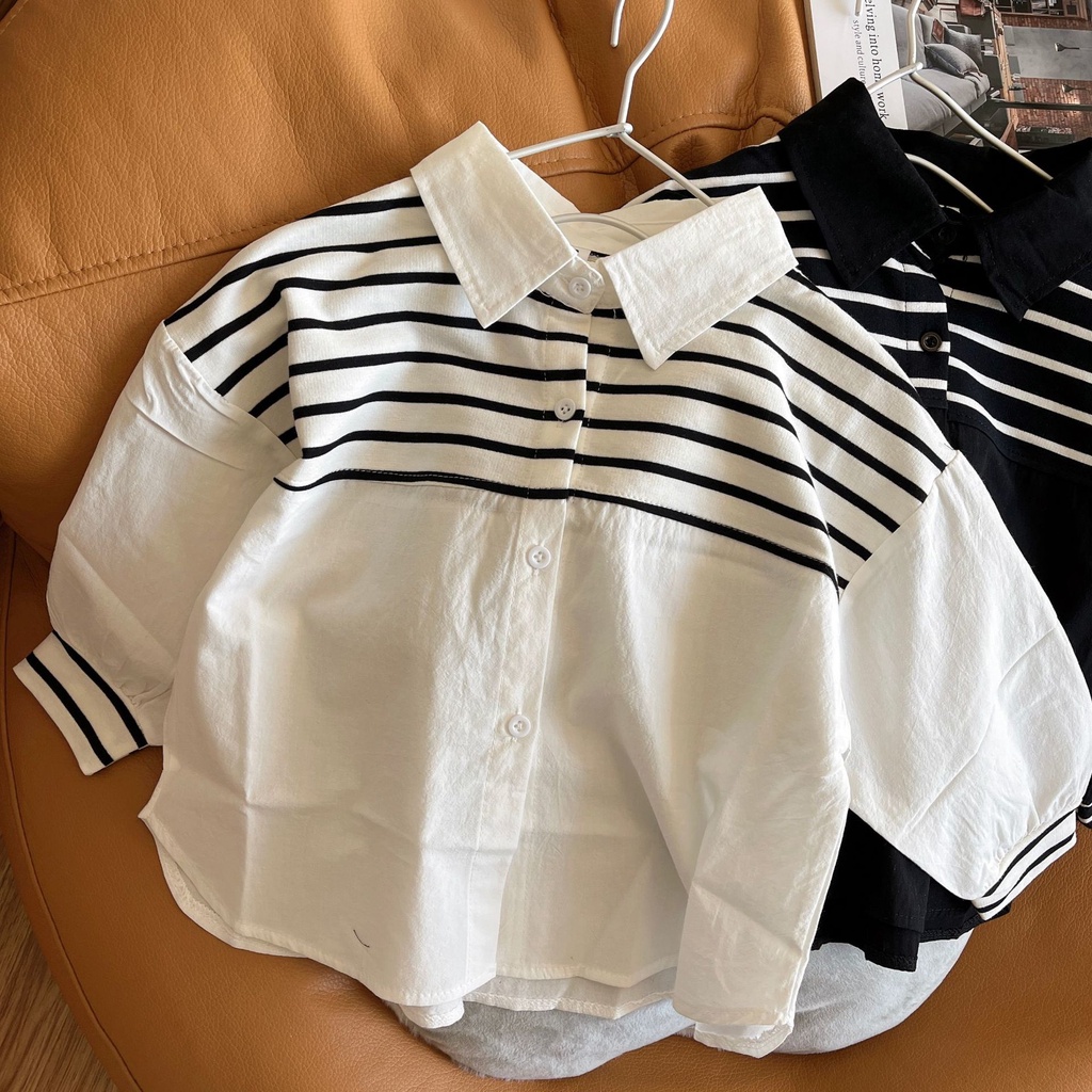 Áo Sơ Mi Cotton Dài Tay Họa Tiết Kẻ Sọc Thời Trang Xuân Thu Hàng Mới Dành Cho Trẻ Em