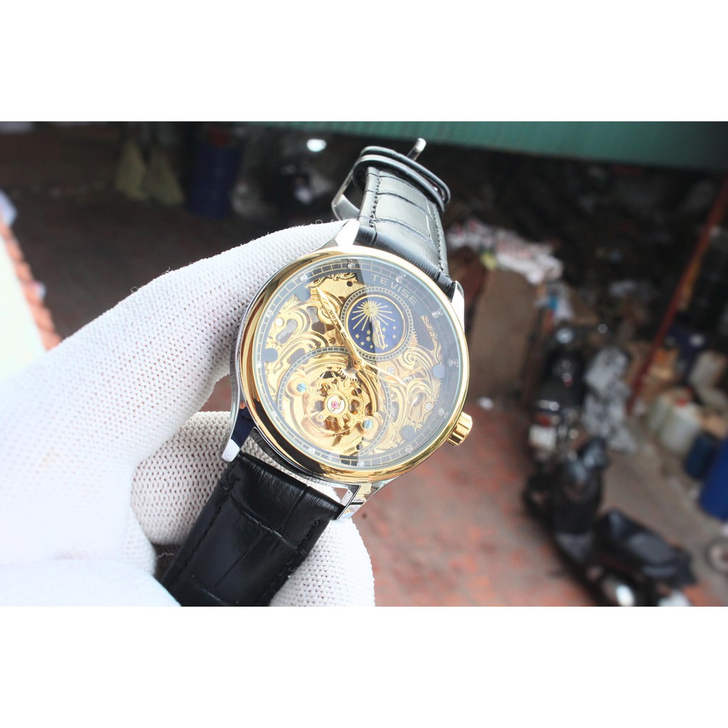 Đồng hồ cơ nam dây da cao cấp Tevise T820A-1 full box, mặt kính sapphire chống xước, chống nước, bảo hành 03 năm