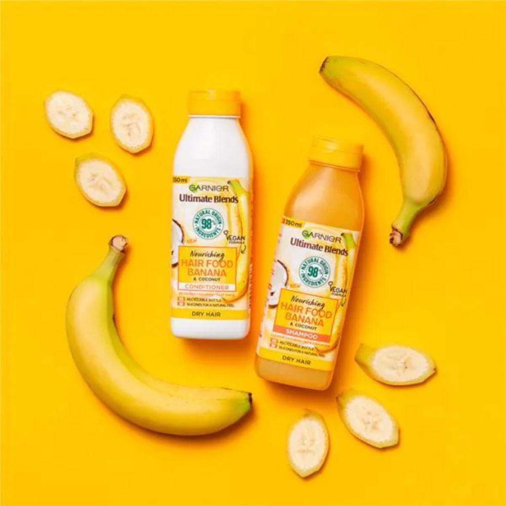 Bộ ba sản phẩm dưỡng tóc chuyên sâu Garnier Ultimate Blend Banana Hair Food dành cho tóc khô