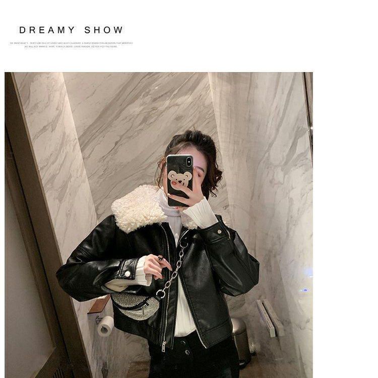 Áo khoác da đen phối lông nhung phong cách vintage Hông Kông thời trang xuân thu cho nữ