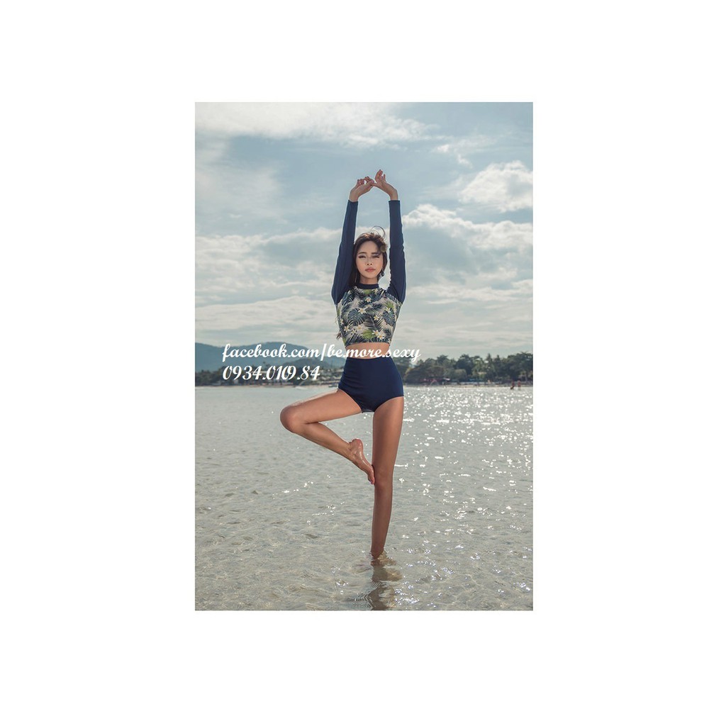 Đồ bơi dài tay Hàn Quốc croptop hoa tay xanh | BigBuy360 - bigbuy360.vn