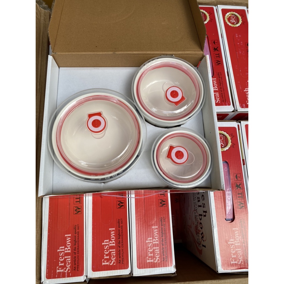 Bộ 3 Bát Sứ Có Nắp Hút Chân Không Bảo Quản Thực Phẩm Cao Cấp Siêu Đẹp