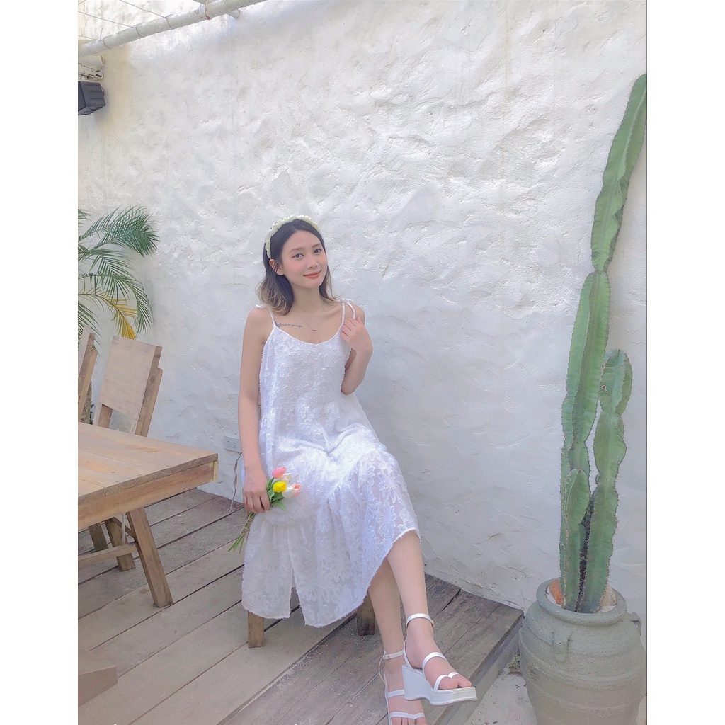 Váy Đầm Hai Dây Hoa Xù Dáng Dài Phong Cách Bánh Bèo Tiểu Thư, Váy Đầm Babydoll dáng dài