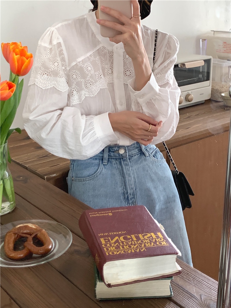 Áo Sơ Mi Dài Tay Phối Ren Phong Cách Retro Hàn Quốc 54027