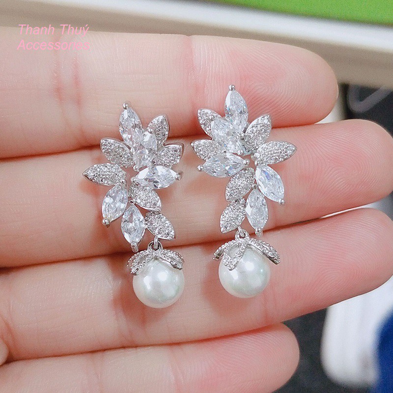 Bông tai nữ hợp kim xi mạ cành lá đính đá zircon hạt châu
