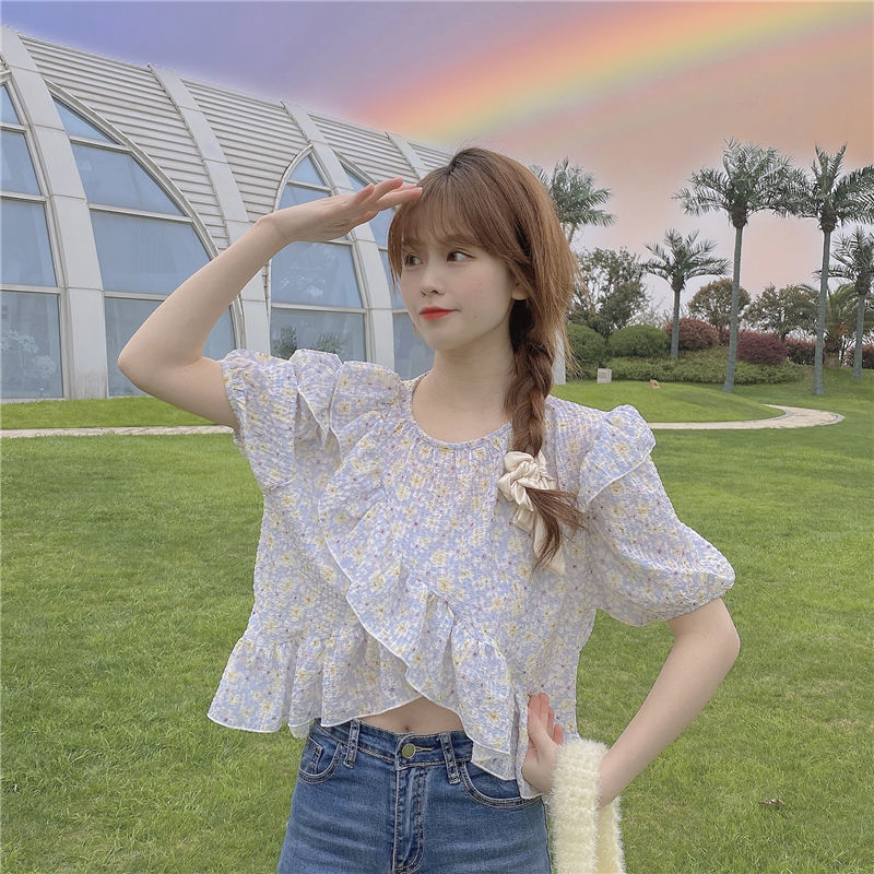 Áo Thun Nữ Tay Ngắn Cổ Tròn In Hoa Phong Cách Hàn Quốc 2021