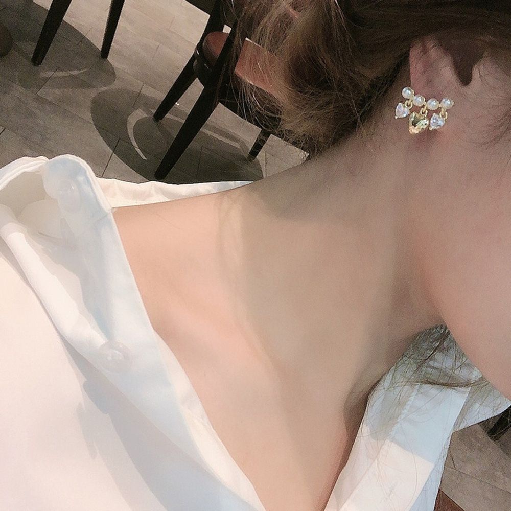 Bông tai hình trái tim đính ngọc trai màu sắc ngọt ngào phong cách Hàn Quốc cổ điển thời trang cho nữ