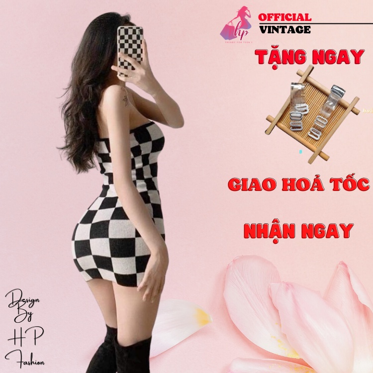 Đầm ống caro quây ngực nữ dáng ngắn body thun gân màu trắng đen, váy sang chảnh dự tiệc hàn quốc VD312