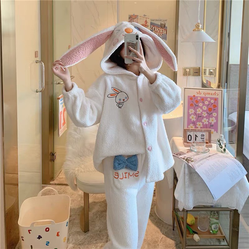 Bộ Lông Mũ Tai Thỏ Gắn Nơ Thêu Hình Chất Looing Cừu Vintage  Mặc Nhà Nam Nữ Dáng Rộng