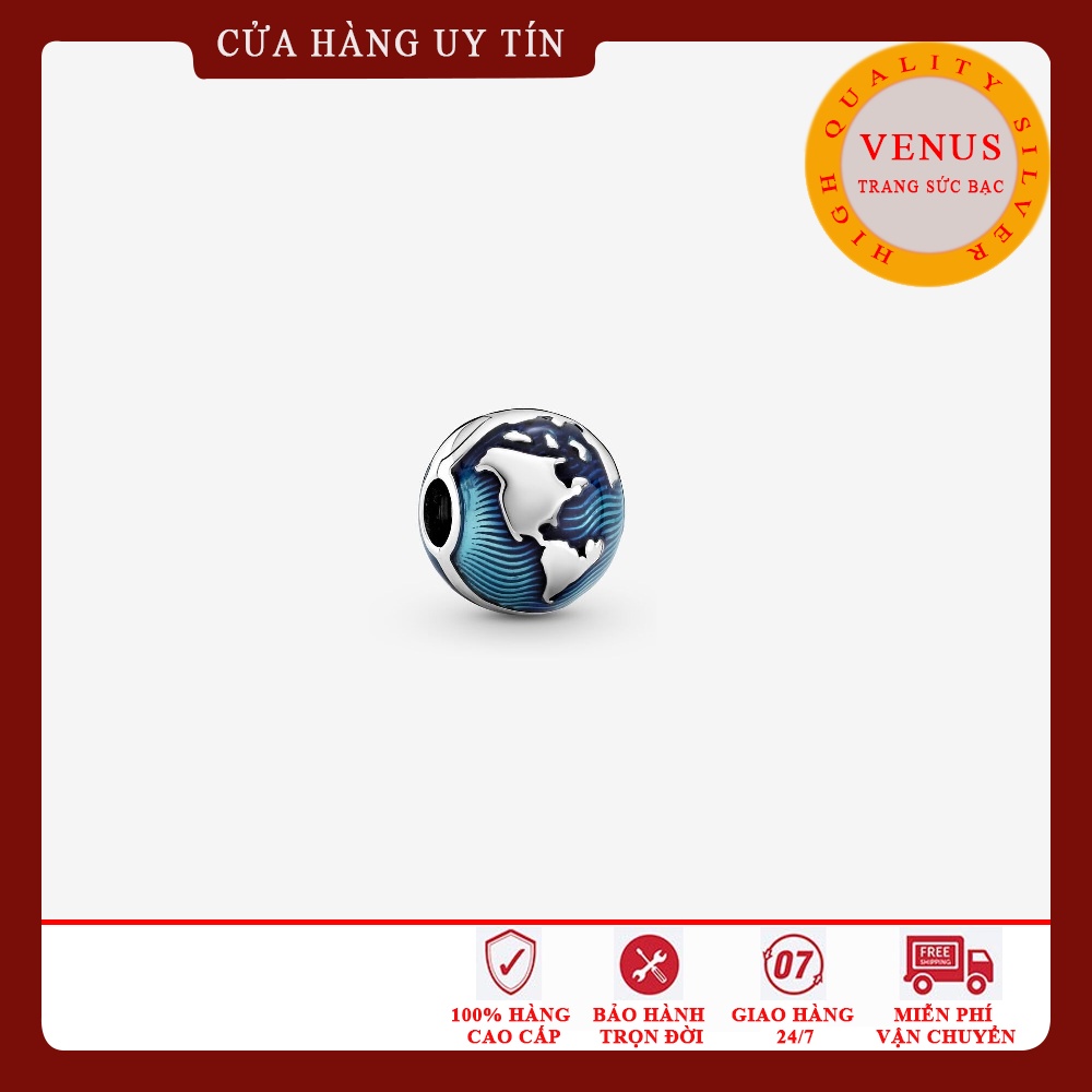 Charm clip tròn in hình trái đất- S925 Ale- Trang sức bạc Venus