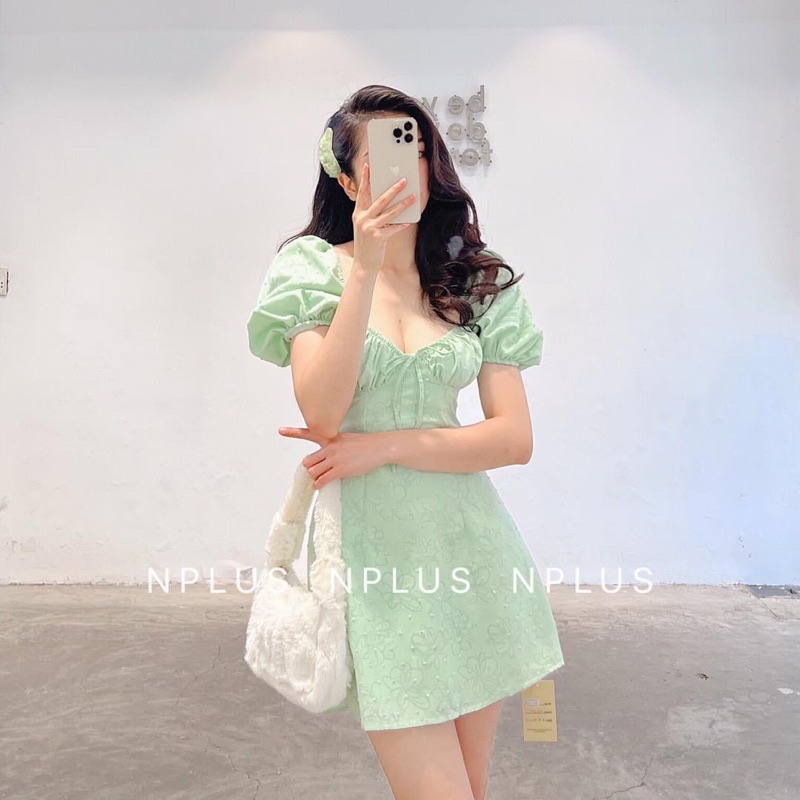 Florence - Đầm vải xô hoạ tiết hoa chìm nhún ngực tay bồng