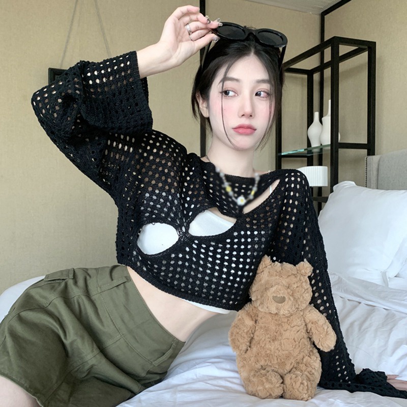 Áo Croptop Dệt Kim Tay Dài Cổ Tròn Màu Trơn Phối Lưới Thời Trang Hàn Quốc Cho Nữ