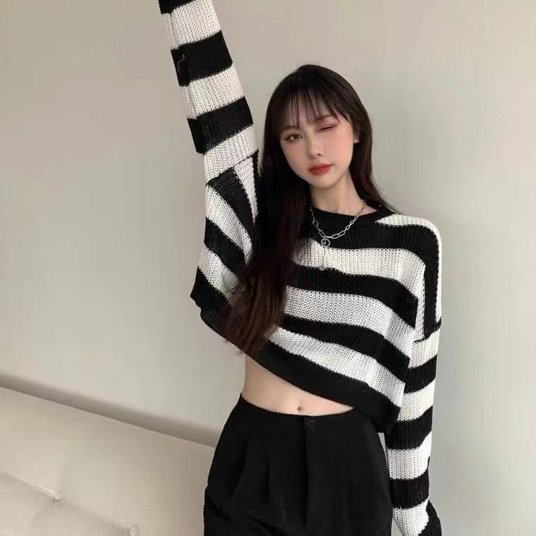 Áo Sweater Tay Dài Mềm Mại Họa Tiết Kẻ Sọc Phong Cách Vintage Nhật Bản Cho Nữ