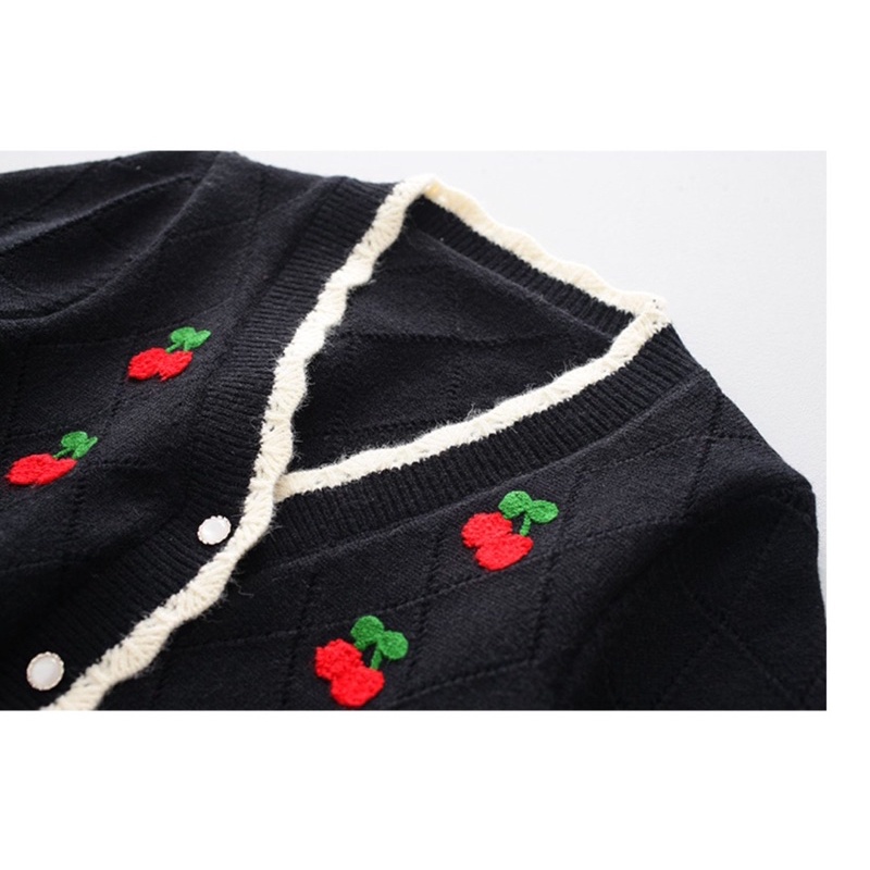 Áo khoác Cardigan dáng ngắn tay bồng cổ tim viền bèo thêu hình 🍒