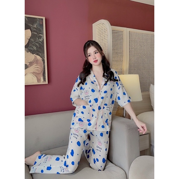 Đồ bộ LỤA MANGO hoạ tiết dài cộc cho bạn nữ, phom từ 42- 62kg - BẦU BÍ SAU SINH BON CHEN THOẢI MÁI
