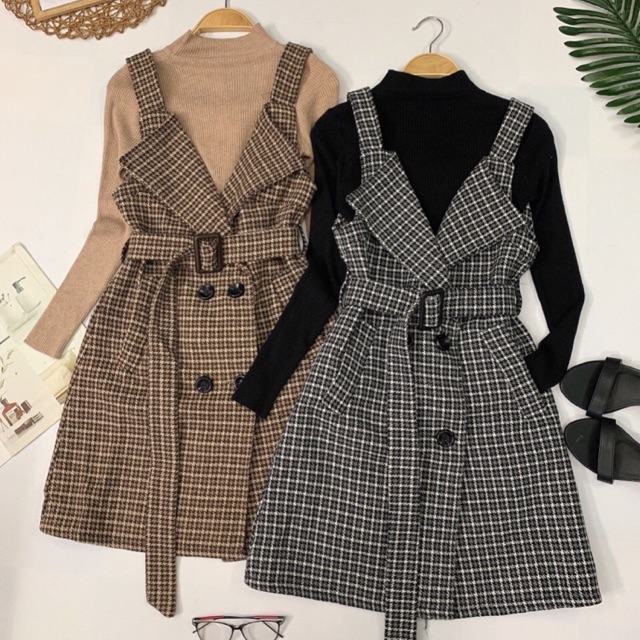 Set đầm vest áo len kèm belt