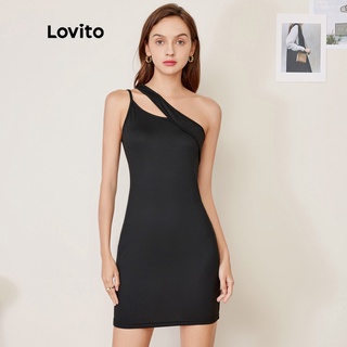 Đầm Lovito trễ vai cắt xẻ màu trơn gợi cảm L27AD110 (màu đen)