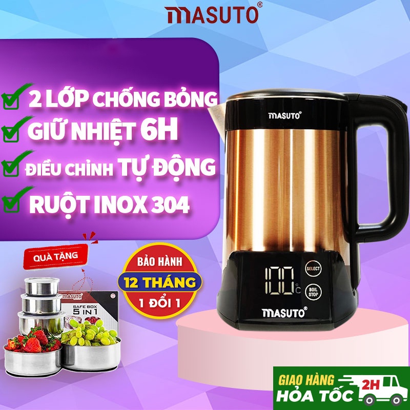 Ấm siêu tốc chống bỏng 2 lớp Masuto giữ nhiệt tự động 6 tiếng ruột Inox 304 nguyên khối chống rò rỉ bền trọn đời