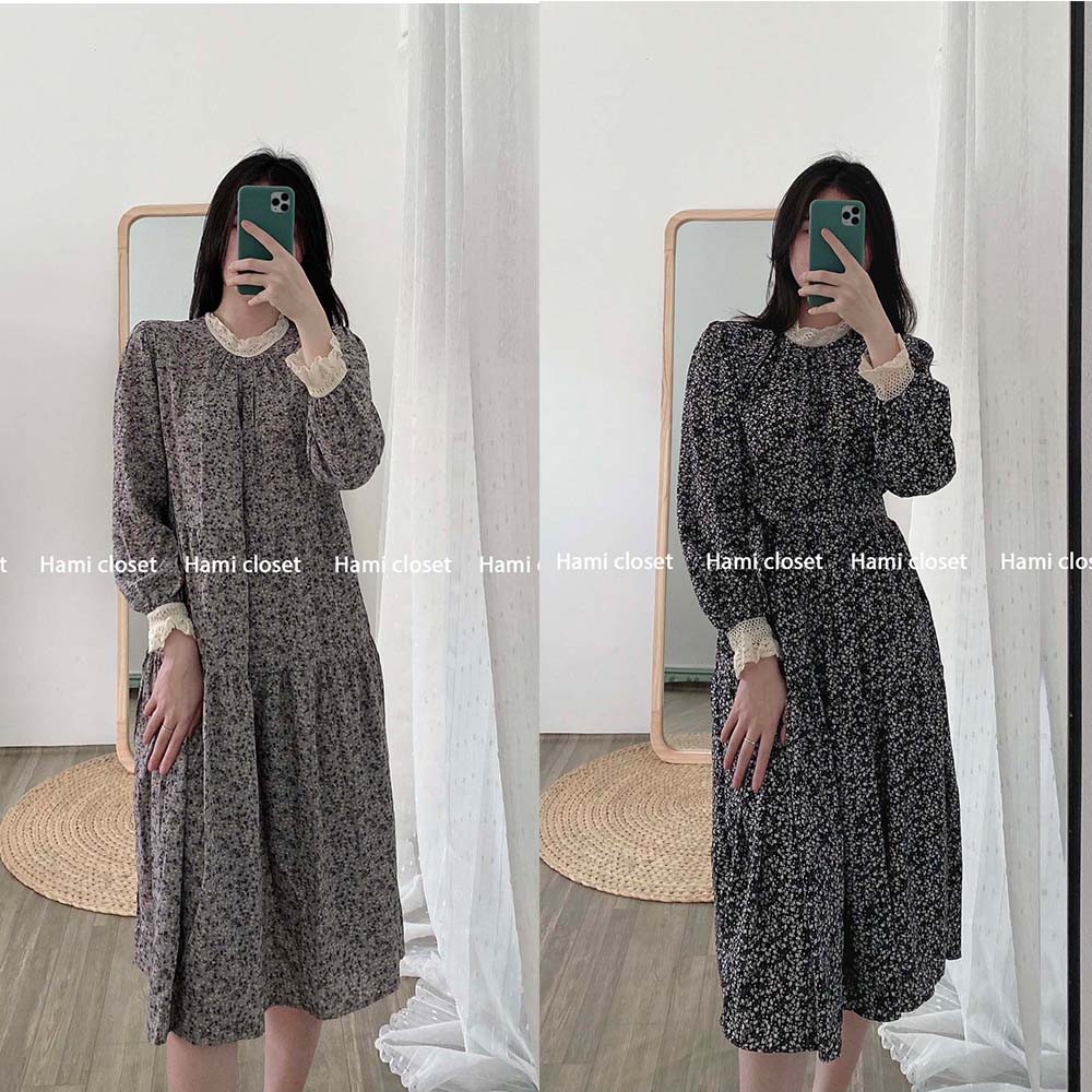 Váy babydoll hoa nhí dáng suông kèm đai cổ tay viền ren tiểu thư chất voan siêu mịn đẹp mã V009