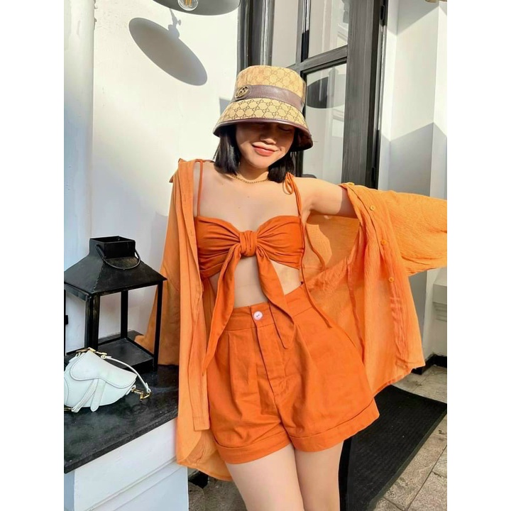 Sét bộ đồ nữ 3 món áo khoác tay dài, áo bra cột nơ kèm quần đùi nữ tính