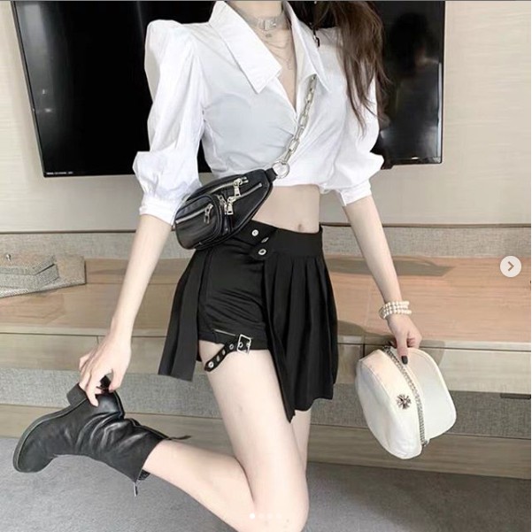 Áo sơ mi vạt chéo croptop, tà dài thắt nơ tay dài, sơ mi mặc 2 kiểu