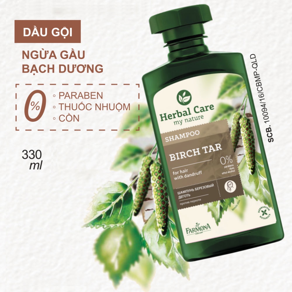 Dầu gội bạch dương tri gầu thảo dược, dầu gội đầu ngừa gầu chống  thơm lâu rụng tóc mượt tóc Herbal Care FARMONA 300ml