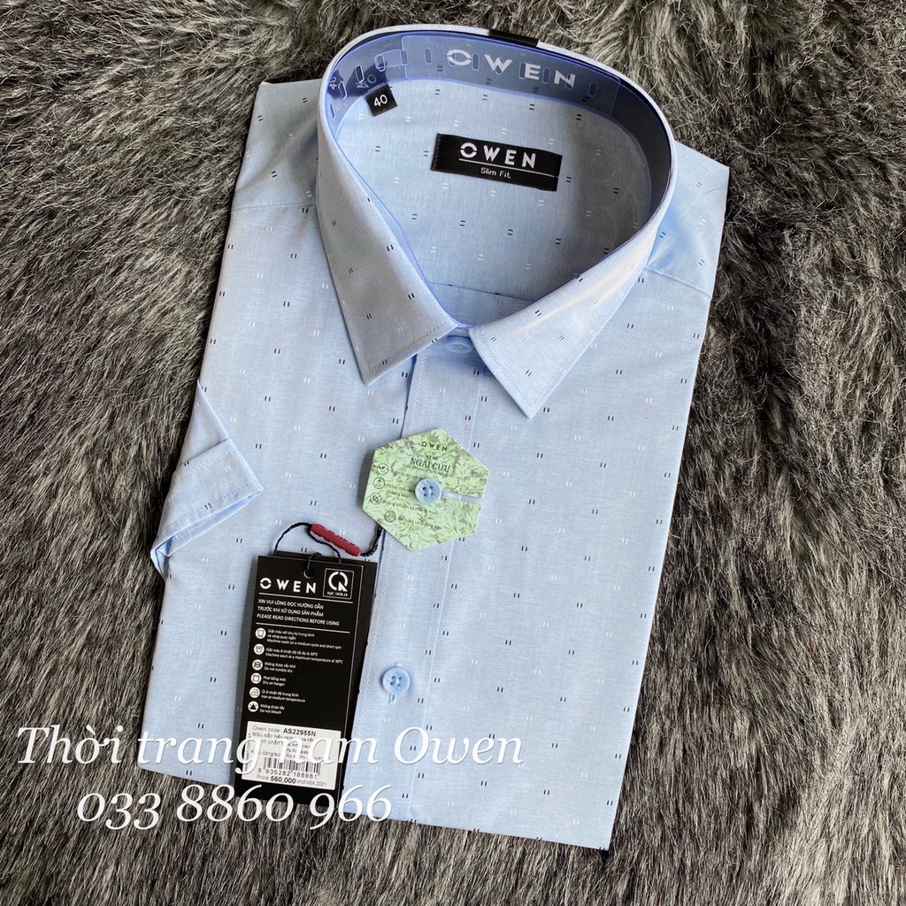 OWEN - Áo sơ mi ngắn tay Owen Slimfit chất ngải cứu màu xanh in họa tiết 22955
