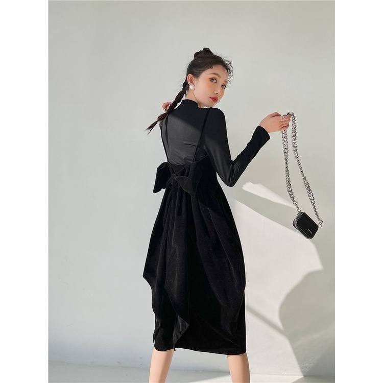 [Chất lượng cao] Đầm nhung hai dây hở lưng hình bướm màu vàng phong cách Pháp thanh lịch retro mùa thu cổ điển cho nữ