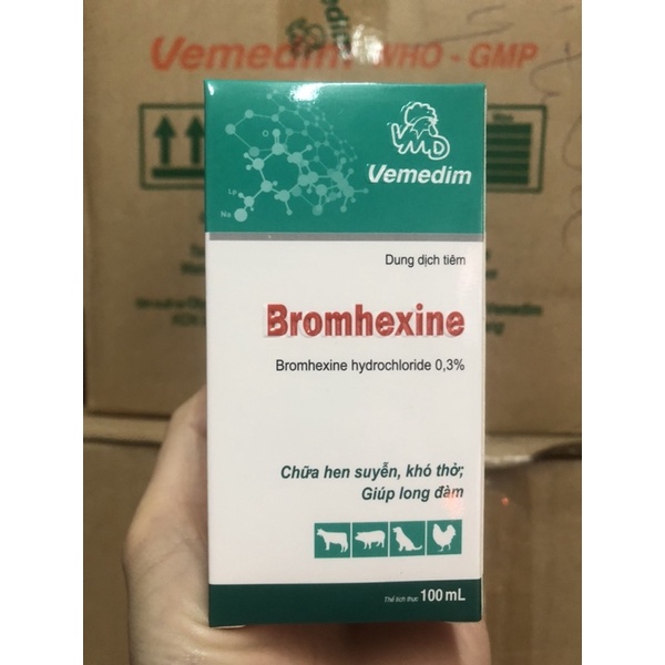 Bromhexine 100ml giúp giảm đàm, hỗ trợ đường hô hấp, hen xuyễn trên vật nuôi : chó, trâu bò, dê cừu