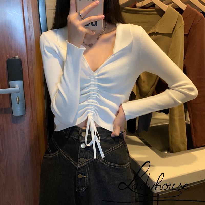 Áo Crop Top Dệt Kim Màu Trơn Cổ Chữ V Thời Trang Mùa Thu Gợi Cảm Cho Nữ