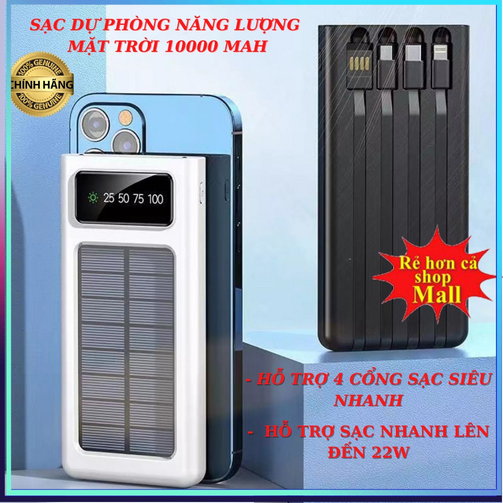 ☃❇❁Sạc Dự Phòng Năng Lượng Mặt Trời Kèm 10000MAH 4 Dây Cáp (4 trong 1 ) Có Hiển Thị Đa Cùng Lúc nhiều điện thoại